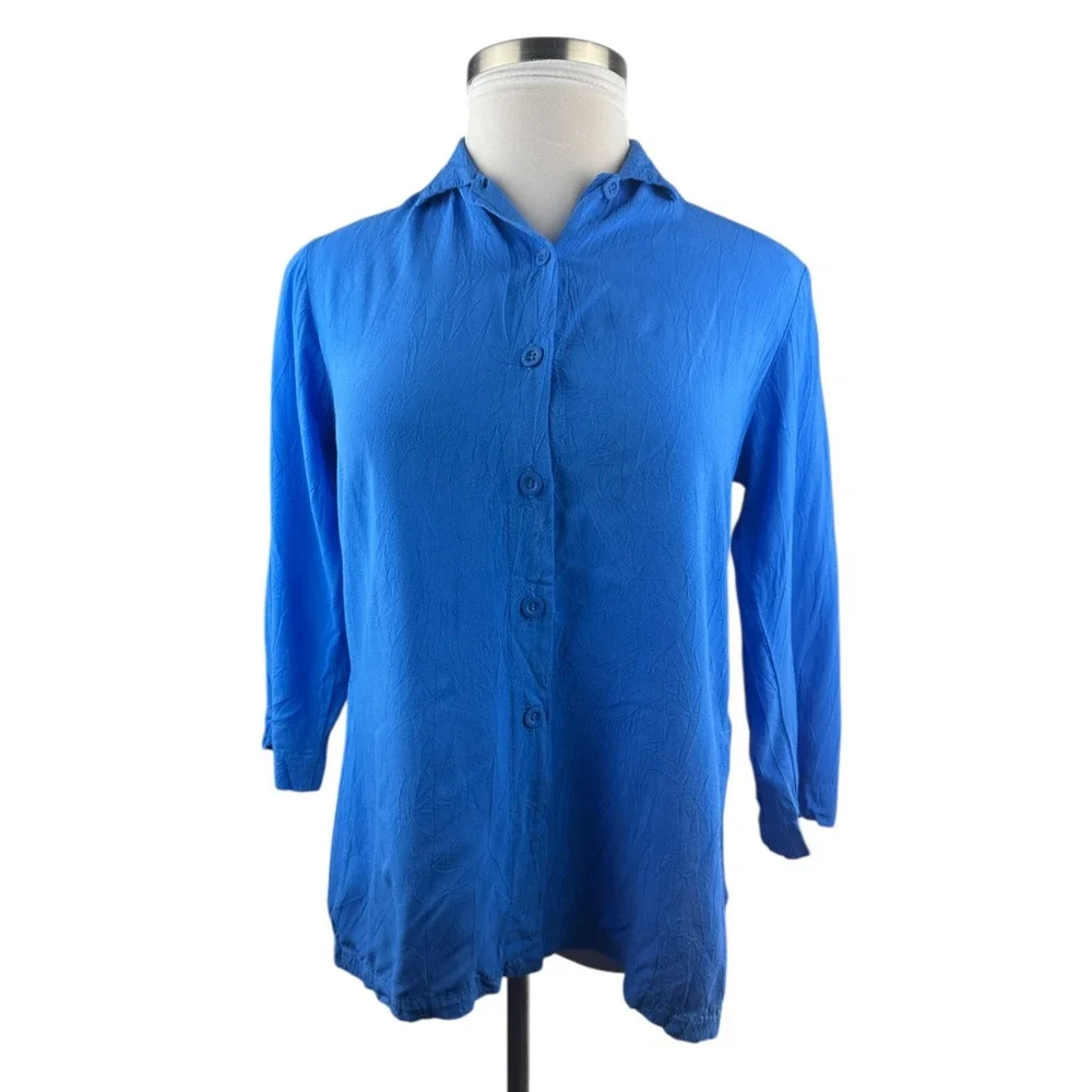 Jams World Solid Dutch Blue Button Blouse Crinkle Shirt Sz Small 3/4 Sleeve Top - Picture 3 of 16